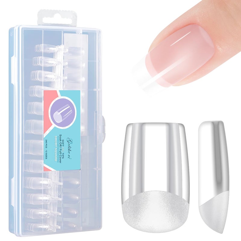 Gelike EC Short Square Nail Tips: Soft Gel False Nail Tips Full Cover for Nail Extensions - Acrylic Nails Professional Clear Gelly Tips False Press on Preshaped PMMA,12 Sizes, SHORT SQUARE 240PCS - Image 1
