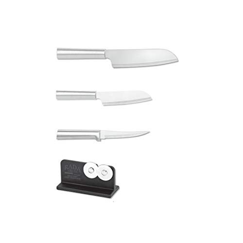 Rada Rada Cutlery 3Piece Cooks Cooks Utility and Super Parer Knives with Quick Edge Sharpener Silver Handles 