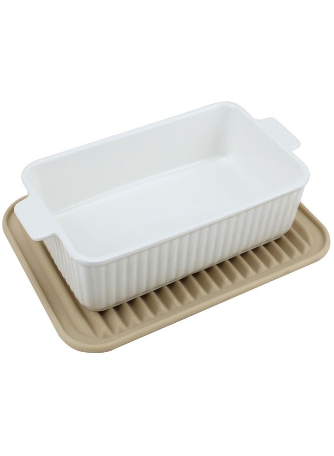 EIKS Ceramic Baking Dish with Handles and Silicone Mat for Serving Baking and Steaming Lasagna Noodle Meat Rice Pasta Bread Casseroles Meal (White, 12-inch) - Image 1