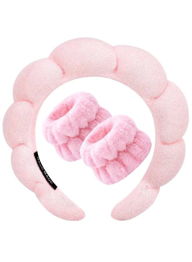 Lesha Spa Headband for Washing Face Wristband Sponge Makeup Skincare Headband Terry Cloth Bubble Soft Get Ready Hairband for Women Girl Puffy Padded Headwear Non Slip Thick Hair Accessory(Pink)  - Image 1