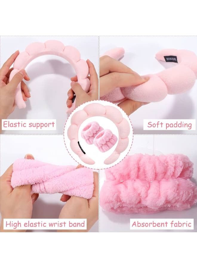 Lesha Spa Headband for Washing Face Wristband Sponge Makeup Skincare Headband Terry Cloth Bubble Soft Get Ready Hairband for Women Girl Puffy Padded Headwear Non Slip Thick Hair Accessory(Pink)  - Image 3