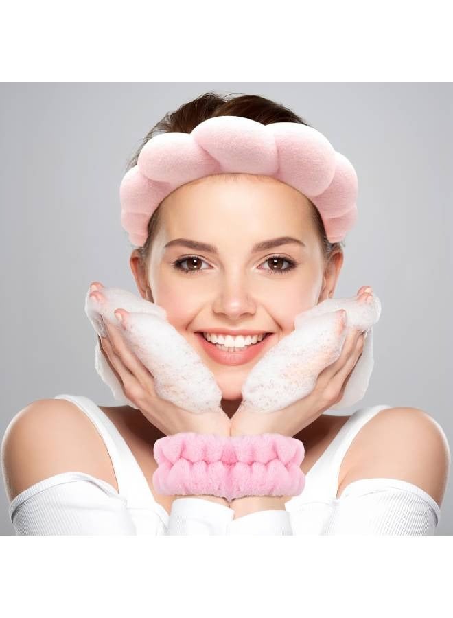Lesha Spa Headband for Washing Face Wristband Sponge Makeup Skincare Headband Terry Cloth Bubble Soft Get Ready Hairband for Women Girl Puffy Padded Headwear Non Slip Thick Hair Accessory(Pink)  - Image 4