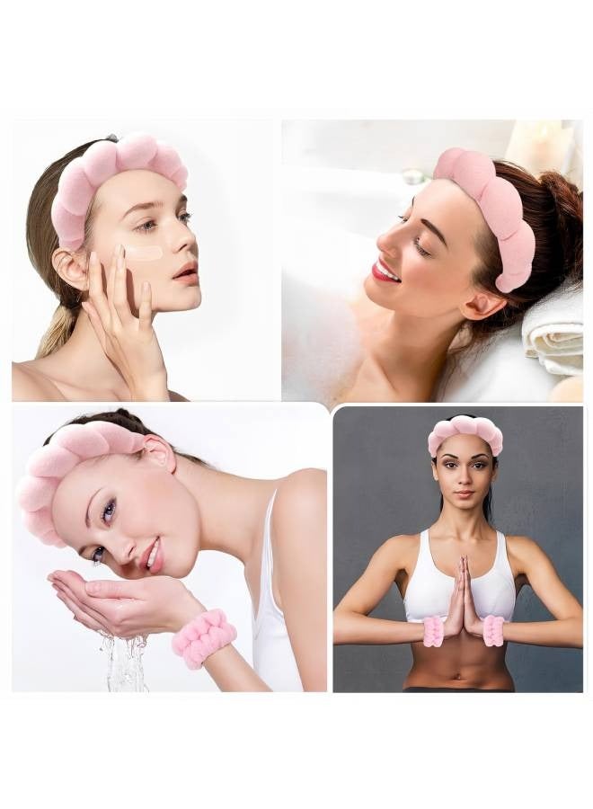 Lesha Spa Headband for Washing Face Wristband Sponge Makeup Skincare Headband Terry Cloth Bubble Soft Get Ready Hairband for Women Girl Puffy Padded Headwear Non Slip Thick Hair Accessory(Pink)  - Image 5