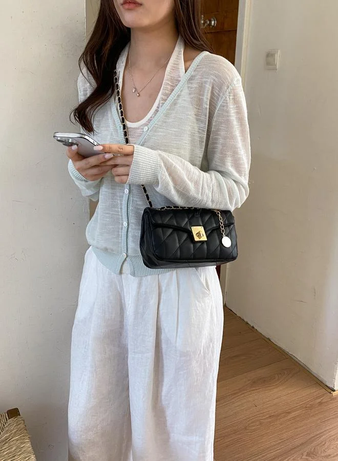 Take Two Black Quilted Crossbody Bag with Gold Chain