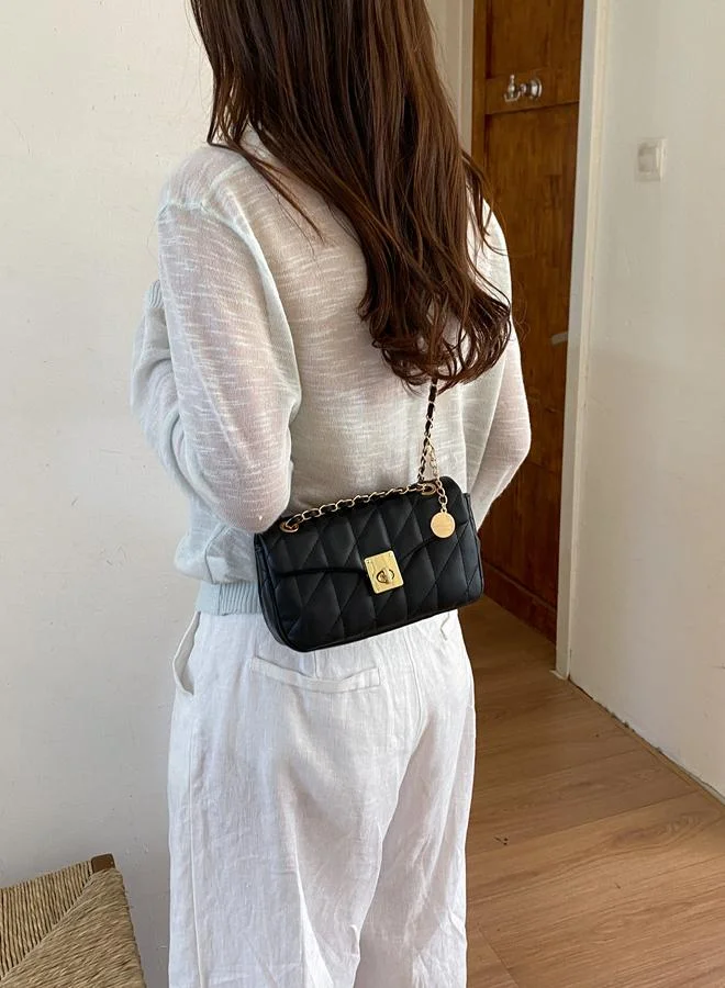Take Two Black Quilted Crossbody Bag with Gold Chain