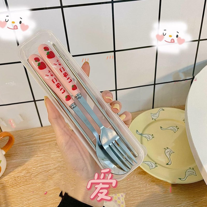 Qinlorgo Cutlery Set Rustproof Spoon Forks Chopsticks 3Piece Pink Strawberry Pattern Stainless Steel Dinnerware Set for Travel - Image 3
