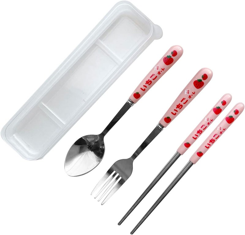 Qinlorgo Cutlery Set Rustproof Spoon Forks Chopsticks 3Piece Pink Strawberry Pattern Stainless Steel Dinnerware Set for Travel - Image 2