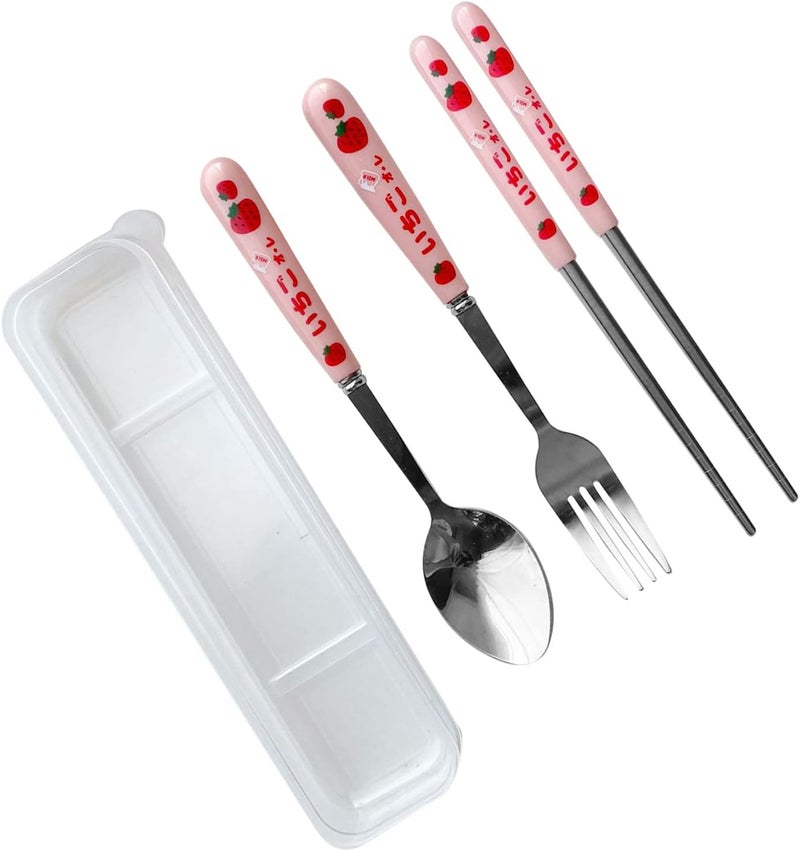 Qinlorgo Cutlery Set Rustproof Spoon Forks Chopsticks 3Piece Pink Strawberry Pattern Stainless Steel Dinnerware Set for Travel - Image 1