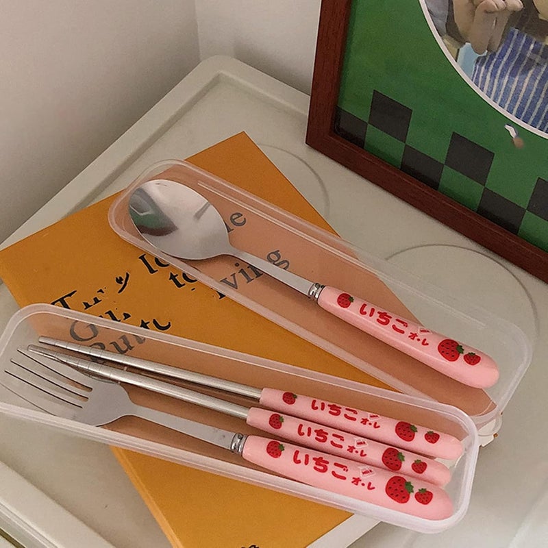 Qinlorgo Cutlery Set Rustproof Spoon Forks Chopsticks 3Piece Pink Strawberry Pattern Stainless Steel Dinnerware Set for Travel - Image 4