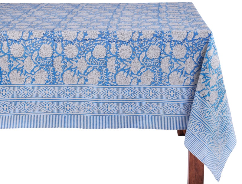 ATOSII Azora Blue 100 Cotton Rectangle Summer Tablecloth Handblock Floral Table Cloth for Dining Table I Parties Wedding Outdoors I Grand Millennial Decor 60 X 108 Inches I 8 Seater Memorial Day
