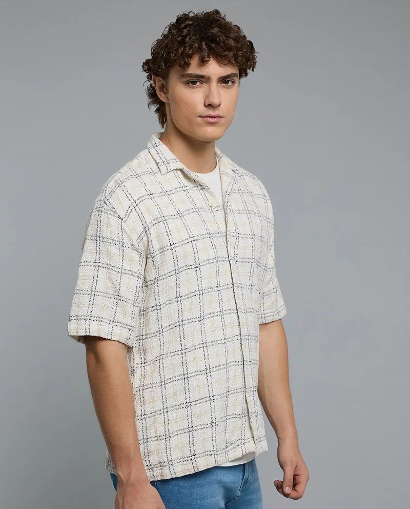أر أند بي Plaid Shirt with Revere Collar and Short Sleeves