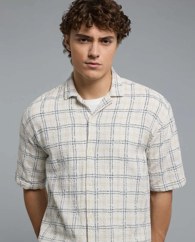 أر أند بي Plaid Shirt with Revere Collar and Short Sleeves