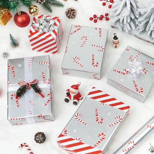 WERNNSAI Christmas Wrapping Paper Roll 1 Roll 17x 33 ft Silver Candy Cane Wrapping Paper for Kids Red Stripe Gift Wrap Paper for Christmas Holiday Gift Wrap Party Supplies - Image 5