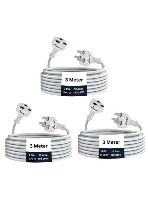 AMSTER 3 Meters Heavy Duty Long Wire Cord Single Outlet Socket 10A Expandable Electric Extension Extension Board 3 Pin Plug Extension Cord for Indoor Outdoor Use 3MWhitePack of3