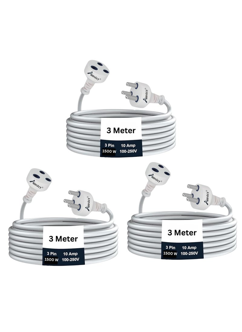 Amster - AMSTER 3 Meters Heavy Duty Long Wire Cord Single Outlet Socket 10A Expandable Electric Extension Extension Board 3 Pin Plug Extension Cord for Indoor Outdoor Use 3MWhitePack of3 - Image 1