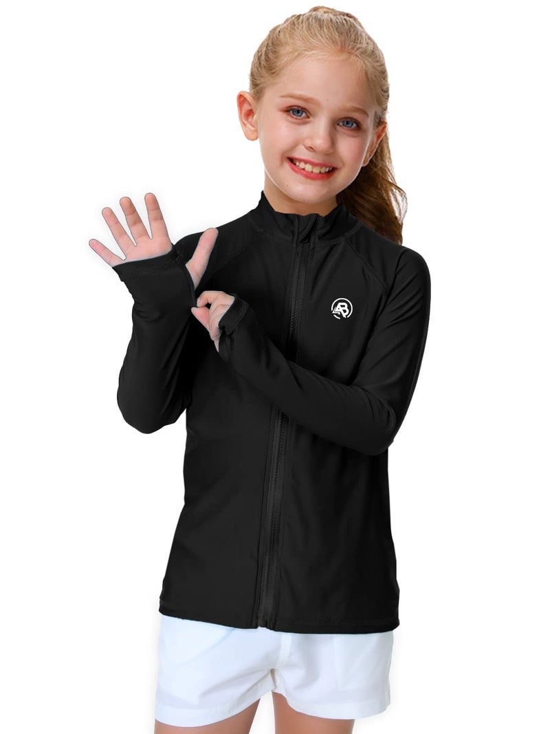 AOBUTE Kids Sun Shirts Long Sleeve Boys Full Zip Swim Top Quick Dry UV Protection Hiking Shirts Black 7-8 Years - Image 4