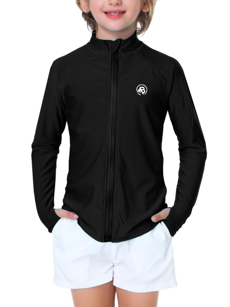 AOBUTE Kids Sun Shirts Long Sleeve Boys Full Zip Swim Top Quick Dry UV Protection Hiking Shirts Black 7-8 Years - Image 1