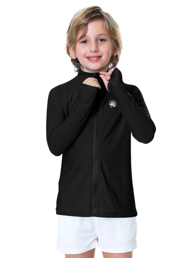 AOBUTE Kids Sun Shirts Long Sleeve Boys Full Zip Swim Top Quick Dry UV Protection Hiking Shirts Black 7-8 Years - Image 5
