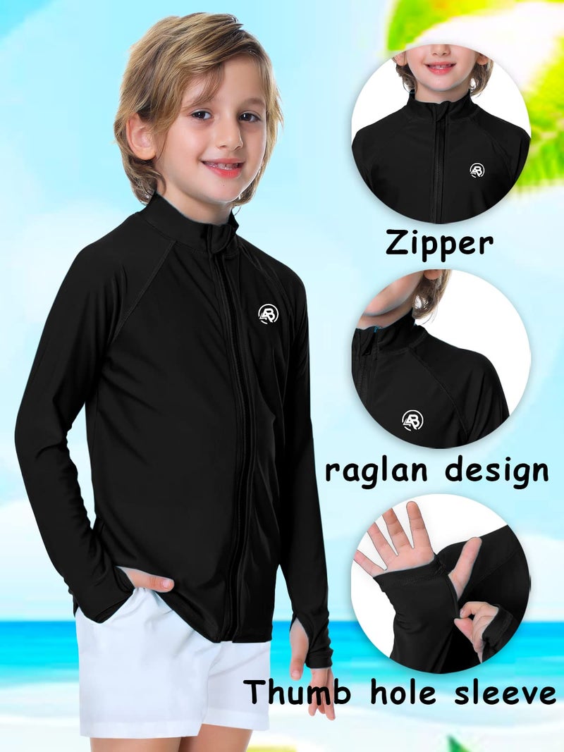 AOBUTE Kids Sun Shirts Long Sleeve Boys Full Zip Swim Top Quick Dry UV Protection Hiking Shirts Black 7-8 Years - Image 2