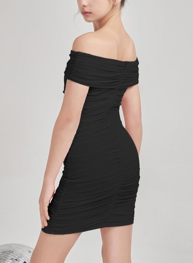 EXARUS Girls Off Shoulder Ruched Bodycon Dress Sleeveless Zipper Tight Mini Dresses Dance Special Occasion 8-14Y, Black Draped Off Shoulder, 12 Years - Image 3