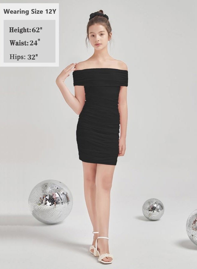 EXARUS Girls Off Shoulder Ruched Bodycon Dress Sleeveless Zipper Tight Mini Dresses Dance Special Occasion 8-14Y, Black Draped Off Shoulder, 12 Years - Image 5