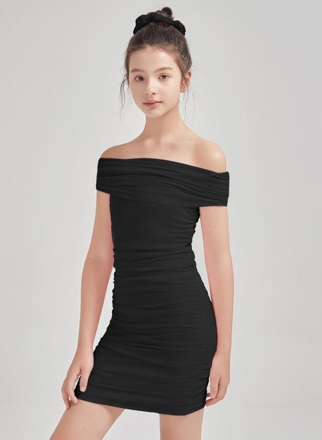 EXARUS Girls Off Shoulder Ruched Bodycon Dress Sleeveless Zipper Tight Mini Dresses Dance Special Occasion 8-14Y, Black Draped Off Shoulder, 12 Years - Image 2