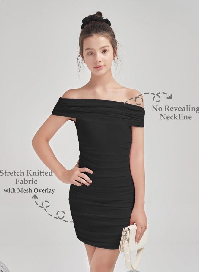 EXARUS Girls Off Shoulder Ruched Bodycon Dress Sleeveless Zipper Tight Mini Dresses Dance Special Occasion 8-14Y, Black Draped Off Shoulder, 12 Years - Image 4