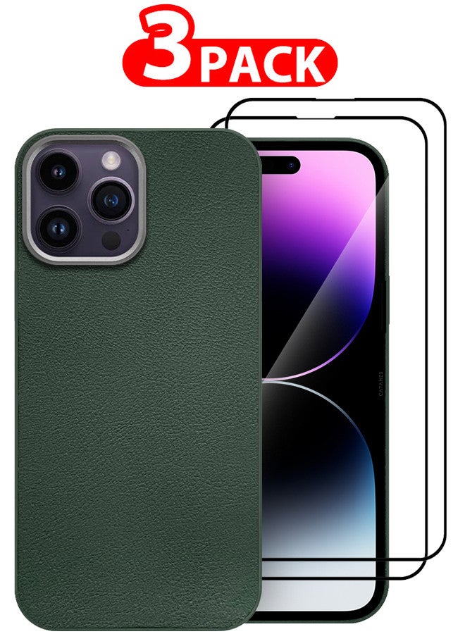CATANES (for iPhone 14 Pro Max) 3 Pack Case Cover and 2 Screen Protectors Leather Case with Lens Frame Shockproof Full Body Protective Cover Green - Image 1