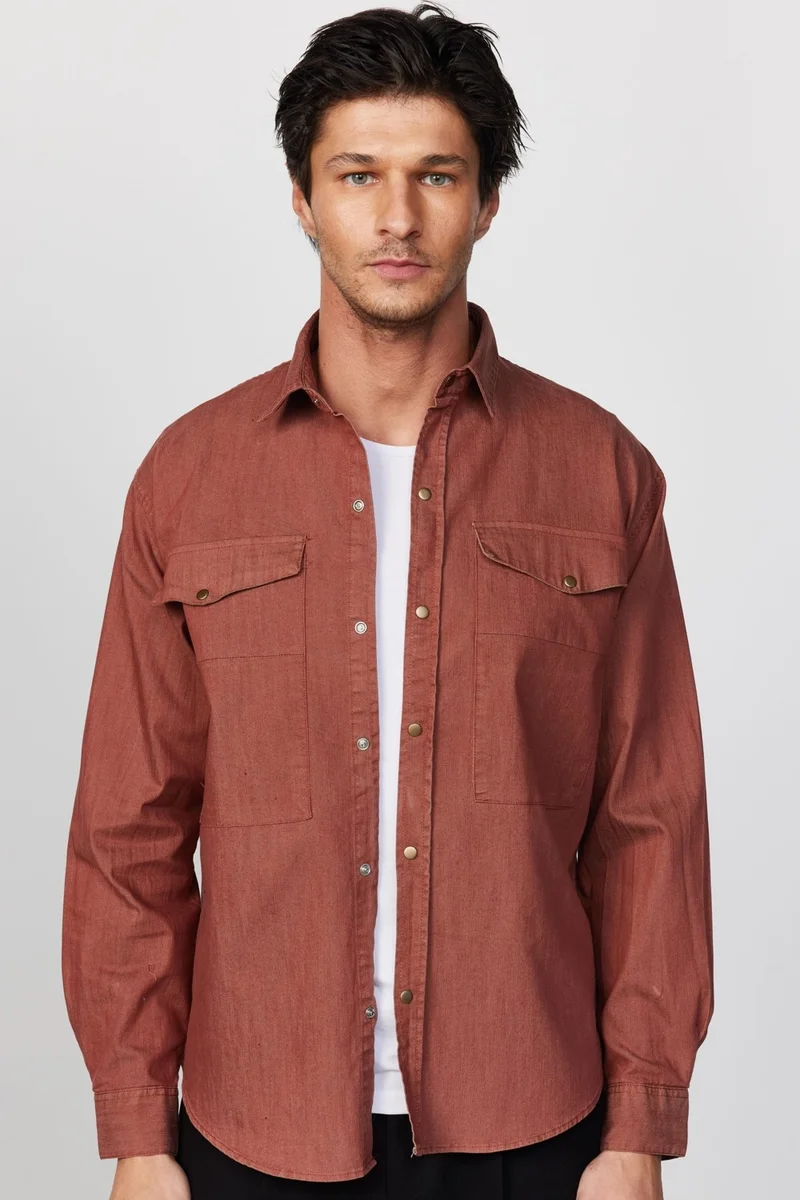 Tudors Relax Fit Denim Piece Dyed Double Pocket Flap Brown Men's Shirt with Snap Fasteners