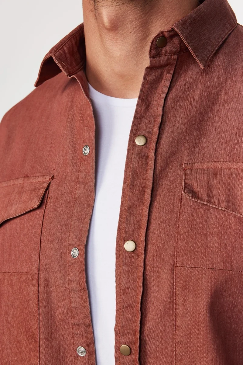 Tudors Relax Fit Denim Piece Dyed Double Pocket Flap Brown Men's Shirt with Snap Fasteners