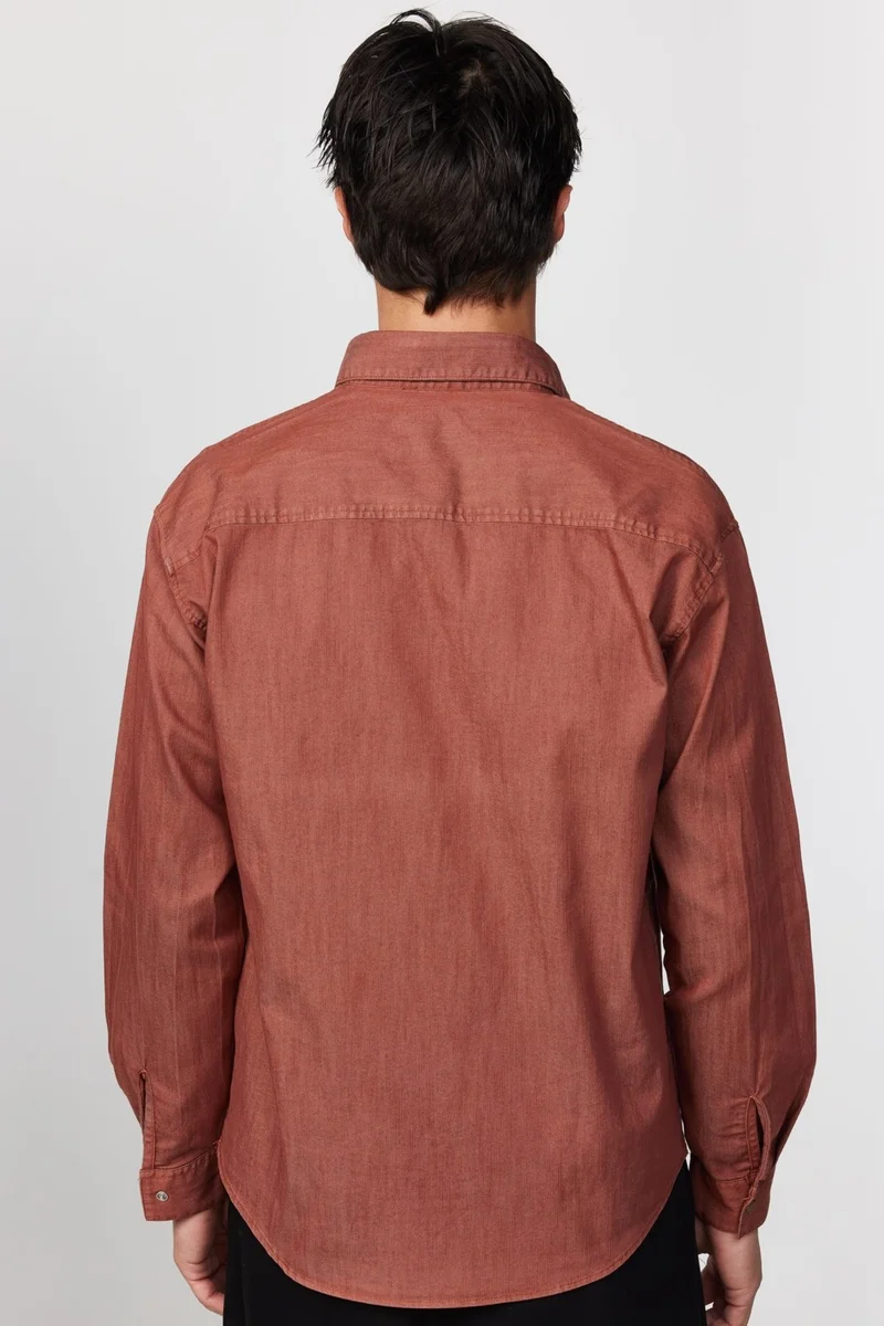 Tudors Relax Fit Denim Piece Dyed Double Pocket Flap Brown Men's Shirt with Snap Fasteners