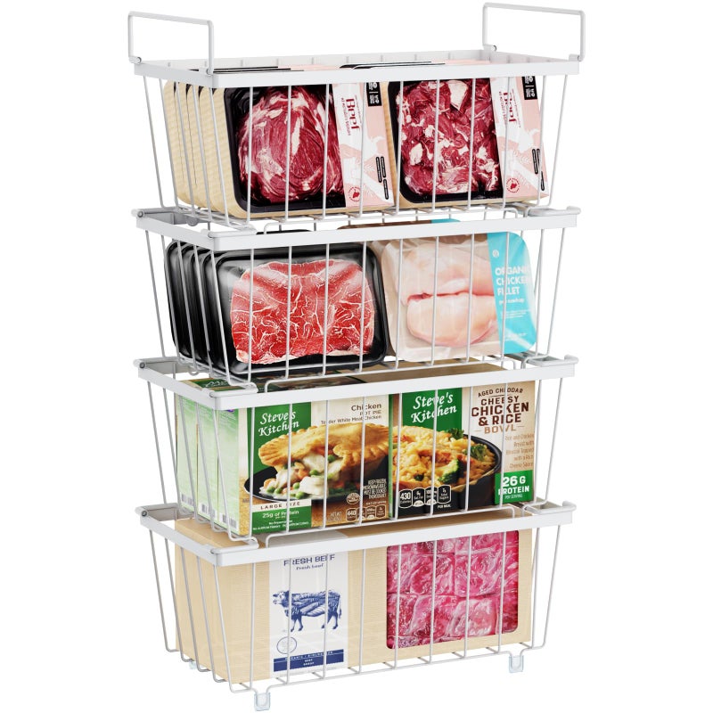 iSPECLE Freezer Organizer Bins 4 Pack Small Stackable Deep Freezer Organizer Bins for 7 CuFt Freezers Easy Get Bottom Foods without Digging Chest Freezer Organizer Prevent Frozen Food Waste White