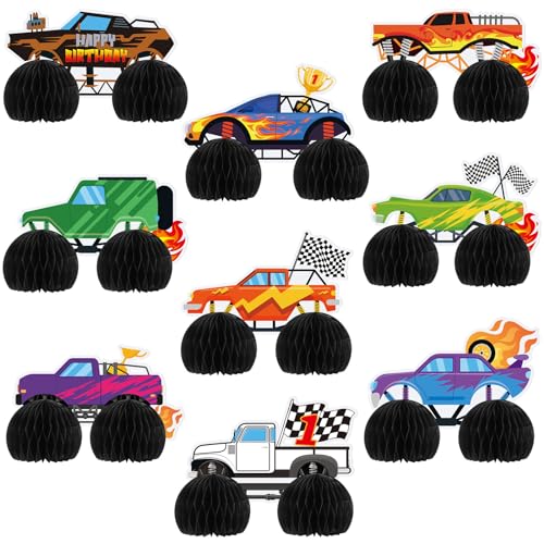 Chivertion 9 Pcs Monster Truck Birthday Party Decorations Honeycomb Car Ornaments Double Sided 3D Blaze Wheels Truck Themed Table Centerpiece for Kids Decor - Image 1