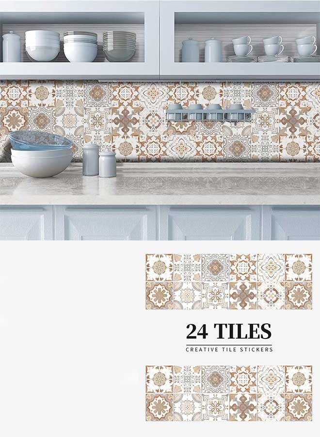 رَوَائِد ٢٤ قطعة من ملصقات بلاط التقشير واللصق، تصميم بوهيمي – ديكور DIY للمطبخ أو الغرفة، بلاط خلفية يُلصق مباشرة، ملصقات حائط من الفينيل مقاومة للماء للمطبخ والحمام، مقاس 6×6 إنش - Image 1