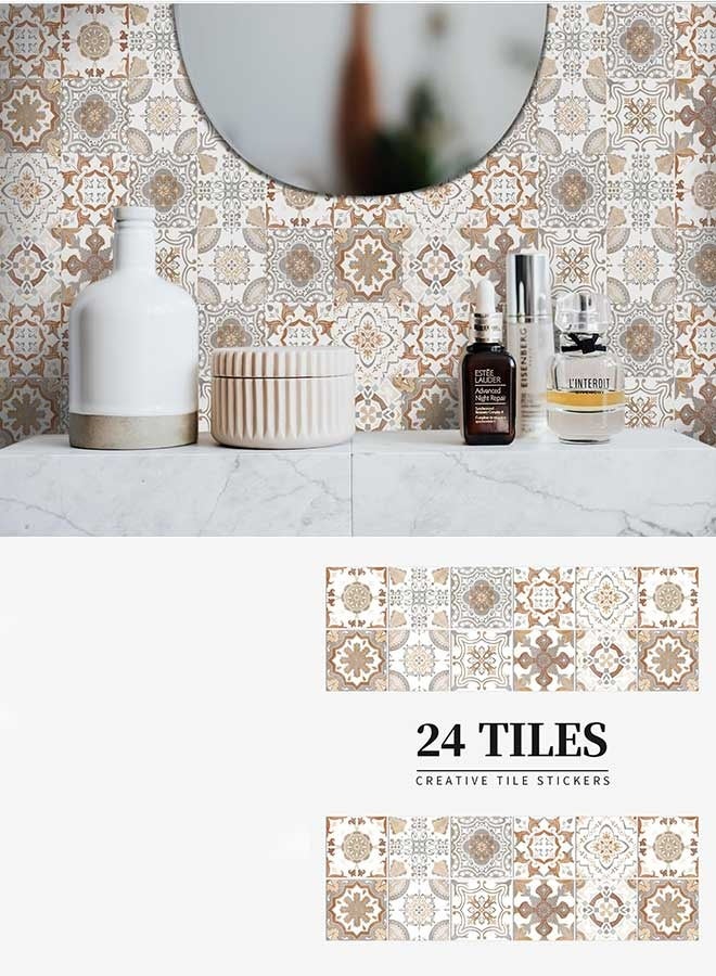 رَوَائِد ٢٤ قطعة من ملصقات بلاط التقشير واللصق، تصميم بوهيمي – ديكور DIY للمطبخ أو الغرفة، بلاط خلفية يُلصق مباشرة، ملصقات حائط من الفينيل مقاومة للماء للمطبخ والحمام، مقاس 6×6 إنش - Image 2