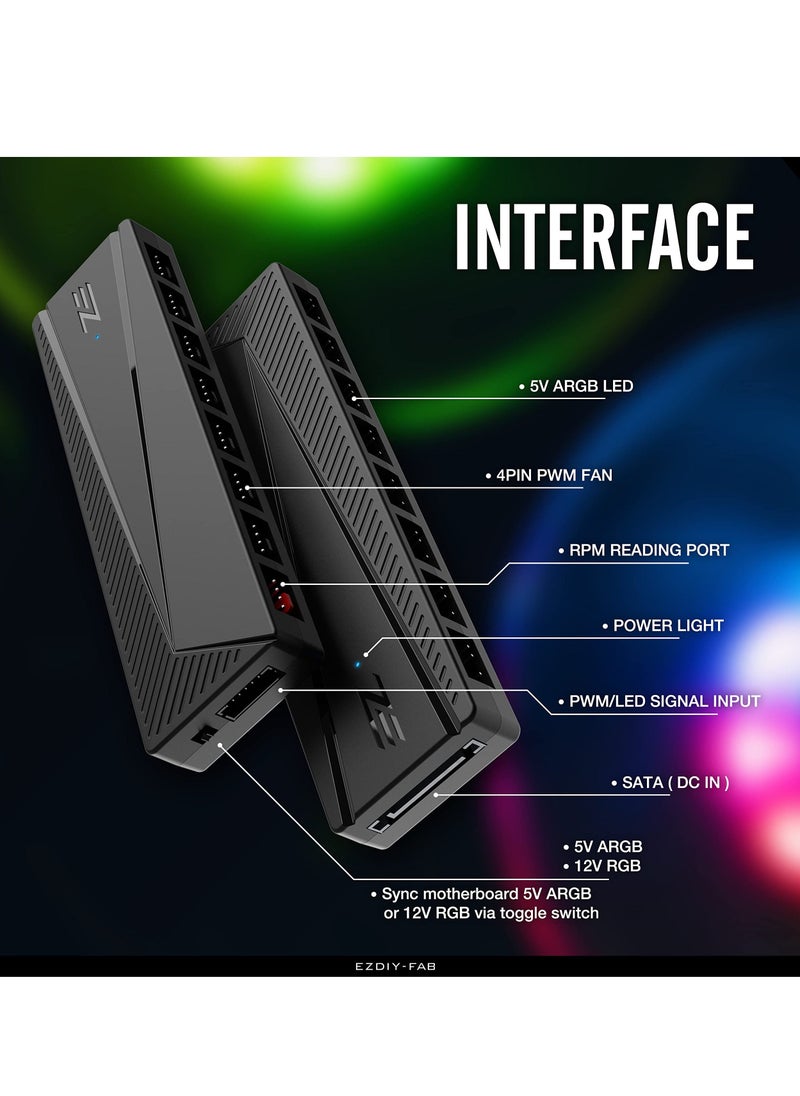 محور مروحة ARGB لصندوق الكمبيوتر، موزع مروحة، 8 منافذ PWM + 8 منافذ ARGB، مزامنة لوحة الأم 12V RGB / 5V ARGB، محول مروحة وظيفي PWM، جهاز تحكم إضاءة مزدوج، إدارة كابلات سهلة. - Image 4