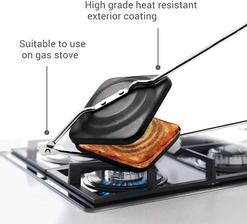REMANG REMANG NonStick Aluminium Sandwich Gas Toaster Compatibility with Gas Stoves FlameProof Design HeatResistant Handle Sandwich Maker Sandwich Toaster Black  - Image 2