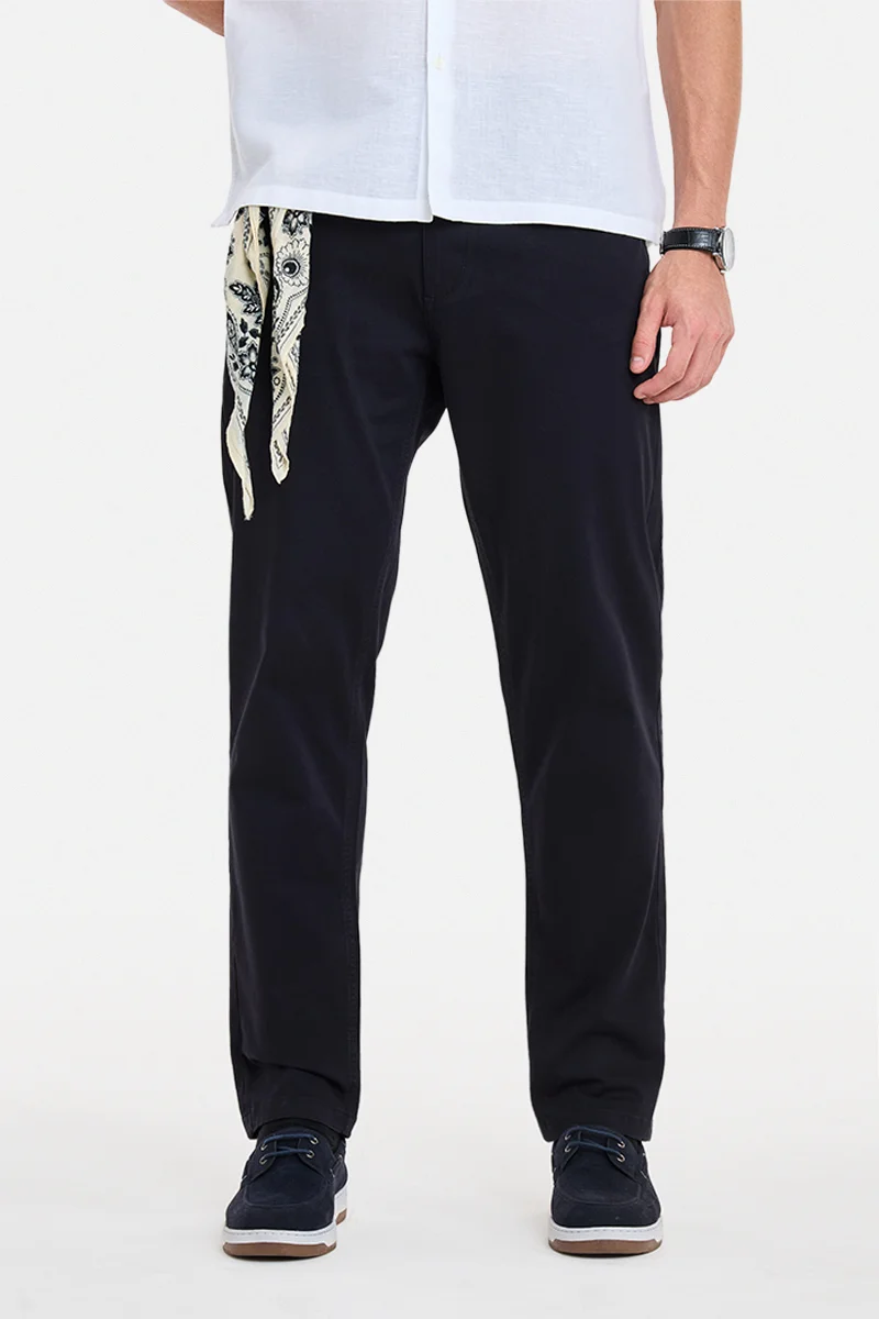 SNITCH Navy Blue Solid Slim Fit Chinos