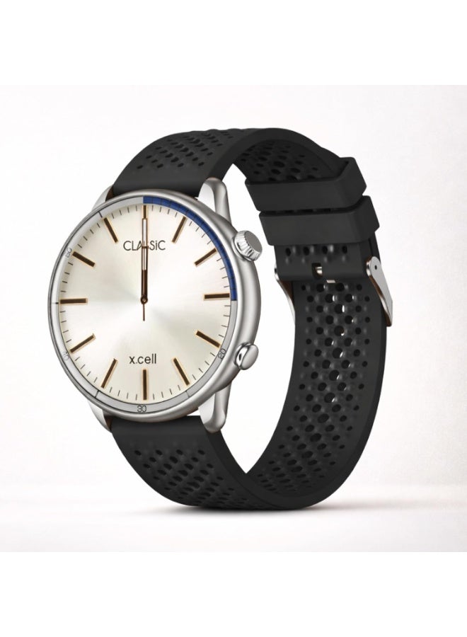 Xcell ساعة Xcell Classic7 الذكية للرجال والنساء - 1.43 بوصة AMOLED بقرص روماني، مكالمات بلوتوث، تتبع صحة القلب وSpO2، IP68، بطارية لمدة 7 أيام، عربي/فارسي/إنجليزي، iOS وأندرويد (أسود) - Image 1