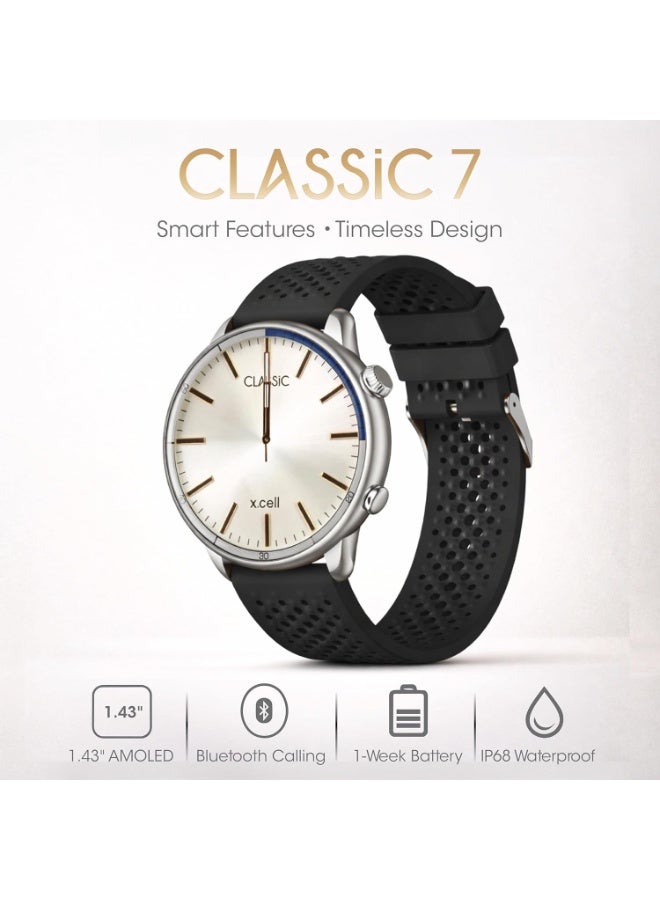 Xcell ساعة Xcell Classic7 الذكية للرجال والنساء - 1.43 بوصة AMOLED بقرص روماني، مكالمات بلوتوث، تتبع صحة القلب وSpO2، IP68، بطارية لمدة 7 أيام، عربي/فارسي/إنجليزي، iOS وأندرويد (أسود) - Image 2