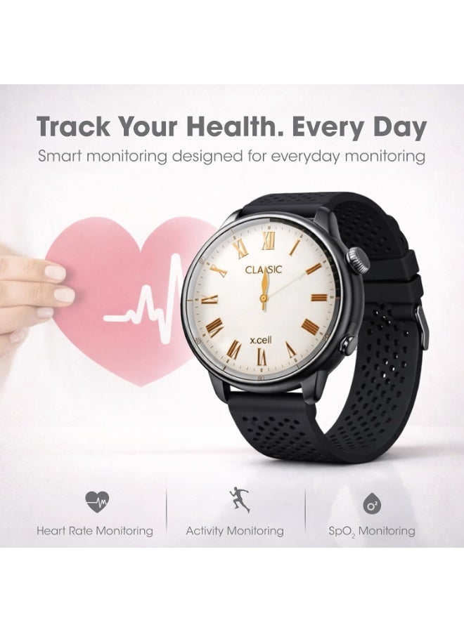 Xcell ساعة Xcell Classic7 الذكية للرجال والنساء - 1.43 بوصة AMOLED بقرص روماني، مكالمات بلوتوث، تتبع صحة القلب وSpO2، IP68، بطارية لمدة 7 أيام، عربي/فارسي/إنجليزي، iOS وأندرويد (أسود) - Image 5