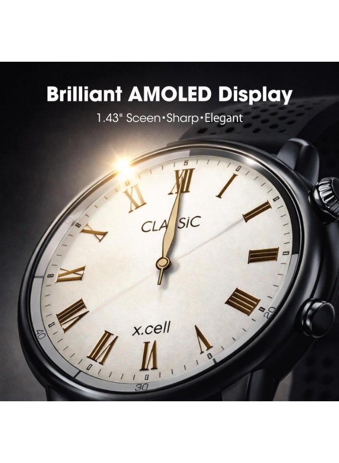 Xcell ساعة Xcell Classic7 الذكية للرجال والنساء - 1.43 بوصة AMOLED بقرص روماني، مكالمات بلوتوث، تتبع صحة القلب وSpO2، IP68، بطارية لمدة 7 أيام، عربي/فارسي/إنجليزي، iOS وأندرويد (أسود) - Image 3