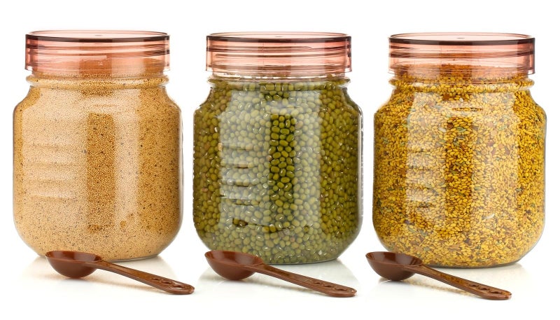 HAPPI Multipurpose Unbreakable Plastic Transparent Storage Containers For Kitchen Airtight Masala Box Dabba Spice, Cereal, Dry Fruits Spice Box 750 Ml With Spoons (Set Of 3 Pcs - Brown) - Image 1