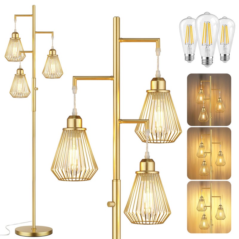 QiMH Industrial Floor Lamps for Living Room, Tree Standing Lamp with Stepless Dimmable, 68" Modern Tall Lamps for Bedroom Study Home Office, Rotary Switch, 3 LED Bulb Included, Gold - Image 1