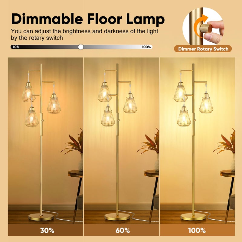 QiMH Industrial Floor Lamps for Living Room, Tree Standing Lamp with Stepless Dimmable, 68" Modern Tall Lamps for Bedroom Study Home Office, Rotary Switch, 3 LED Bulb Included, Gold - Image 2