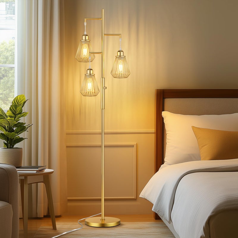 QiMH Industrial Floor Lamps for Living Room, Tree Standing Lamp with Stepless Dimmable, 68" Modern Tall Lamps for Bedroom Study Home Office, Rotary Switch, 3 LED Bulb Included, Gold - Image 4