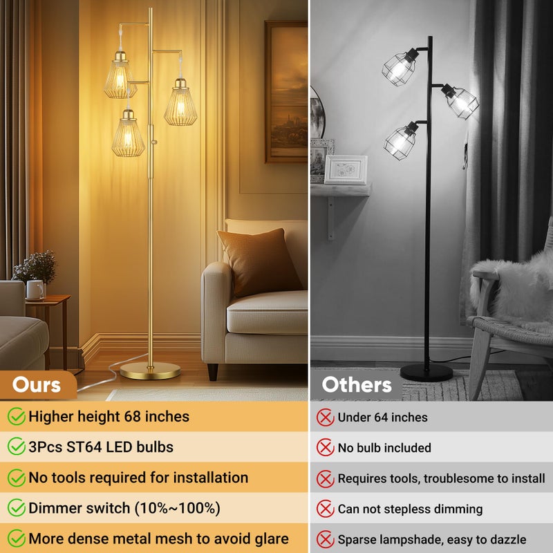 QiMH Industrial Floor Lamps for Living Room, Tree Standing Lamp with Stepless Dimmable, 68" Modern Tall Lamps for Bedroom Study Home Office, Rotary Switch, 3 LED Bulb Included, Gold - Image 3