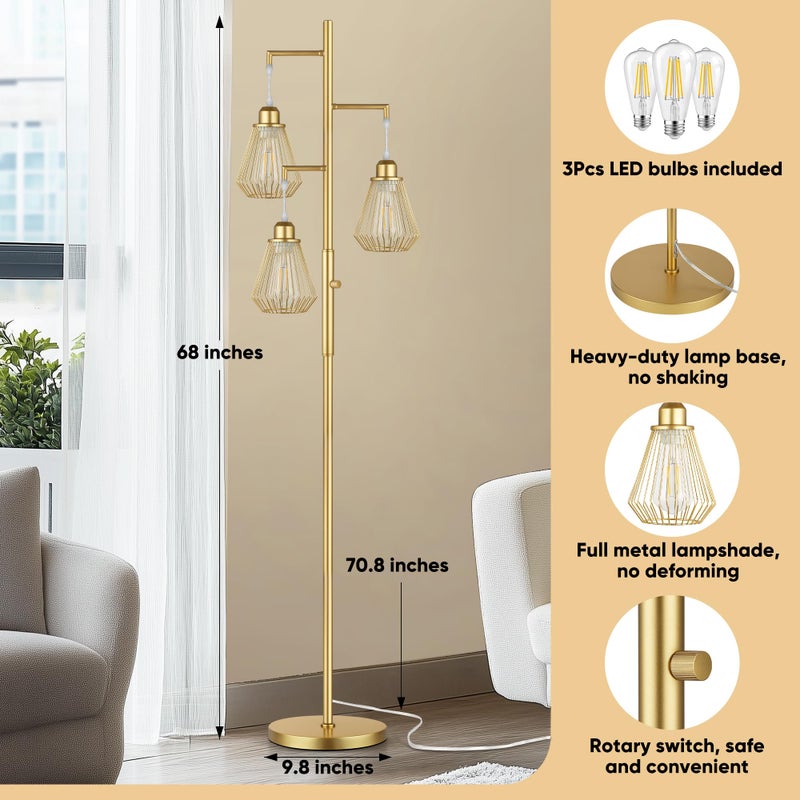 QiMH Industrial Floor Lamps for Living Room, Tree Standing Lamp with Stepless Dimmable, 68" Modern Tall Lamps for Bedroom Study Home Office, Rotary Switch, 3 LED Bulb Included, Gold - Image 5