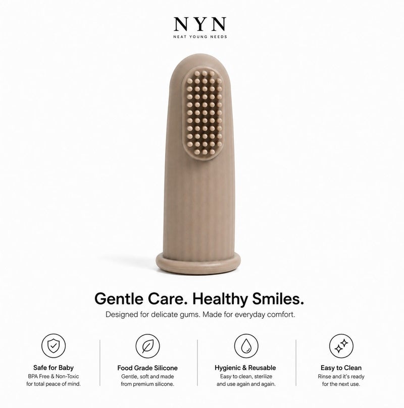 نت يونغ نيدس فرشاة NYN سيليكون لتنظيف لثة الأطفال، فرشاة إصبع فائقة النعومة، للتنظيف والتدليك اللطيف للثة، لون بني - Image 2