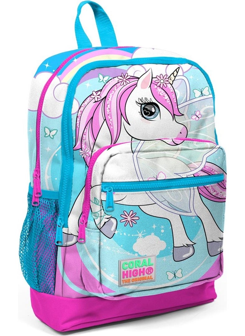 CORAL HIGH - Four Compartment Blue Neon Pink Unicorn Patterned Primary School Bag 23711 - Image 1